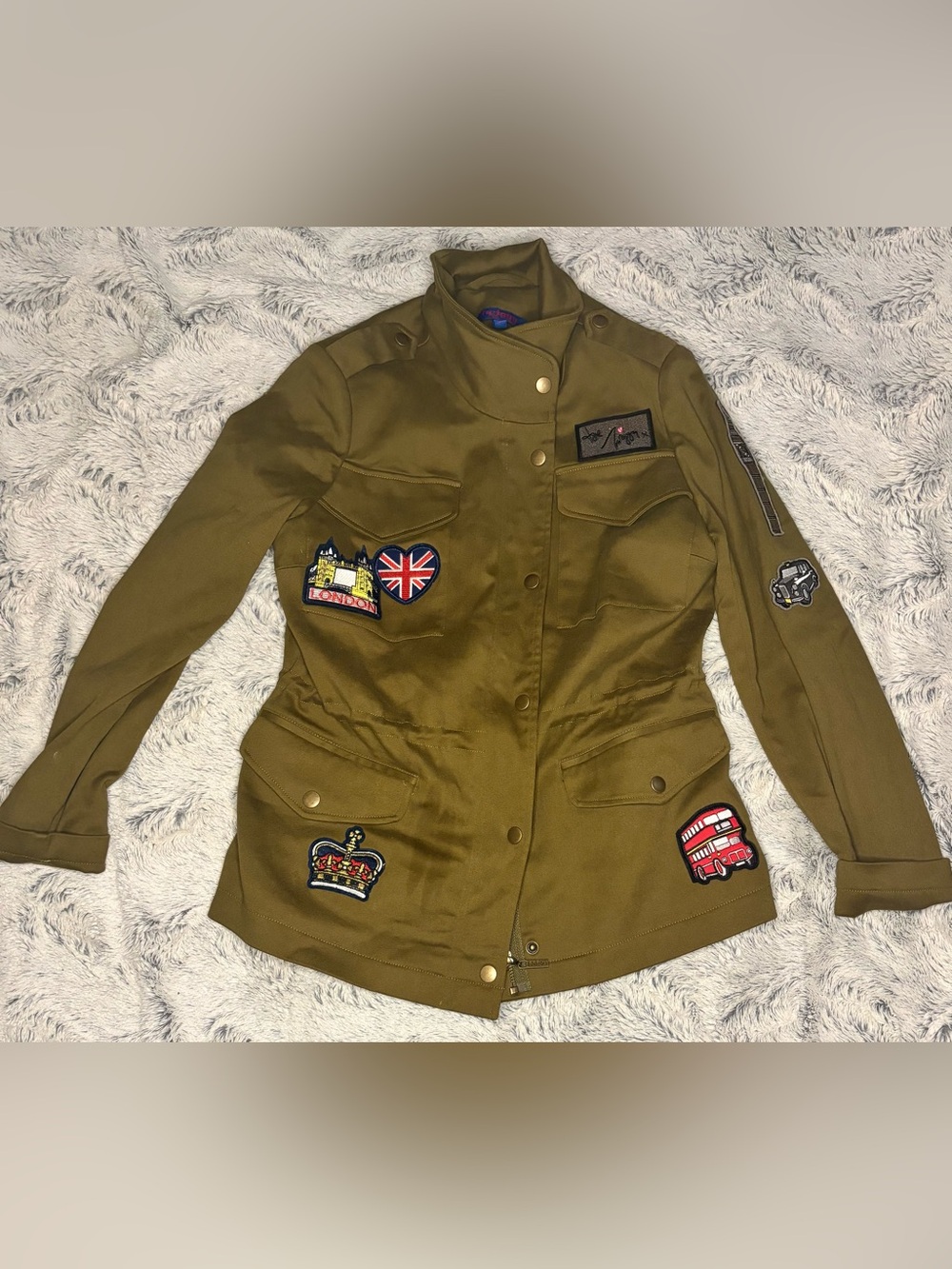 Twiggy London NWT Military Utility Jacket Size 8 Union Jack Lining Patches